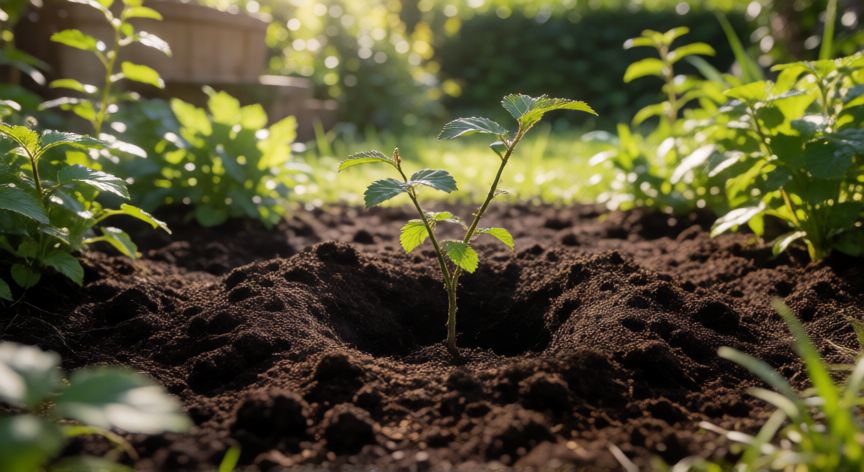 Terreno preparado con compost para plantar moras en invierno