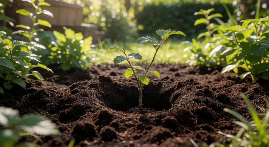 Joven planta de mora recién plantada junto a una espaldera de alambre en un huerto soleado