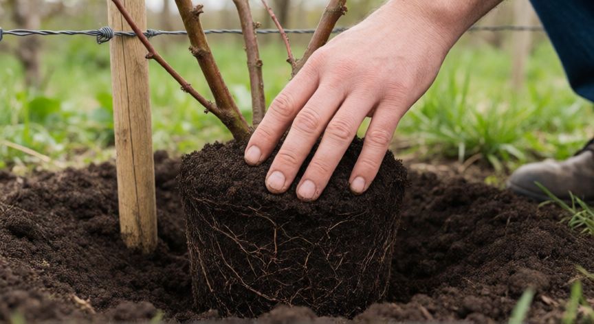 como plantar moras, Manos plantando un arbolito de moras con sustrato y soporte de alambre