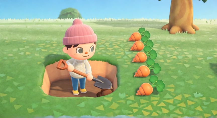 Personaje excavando un hoyo para plantar nabos en Animal Crossing