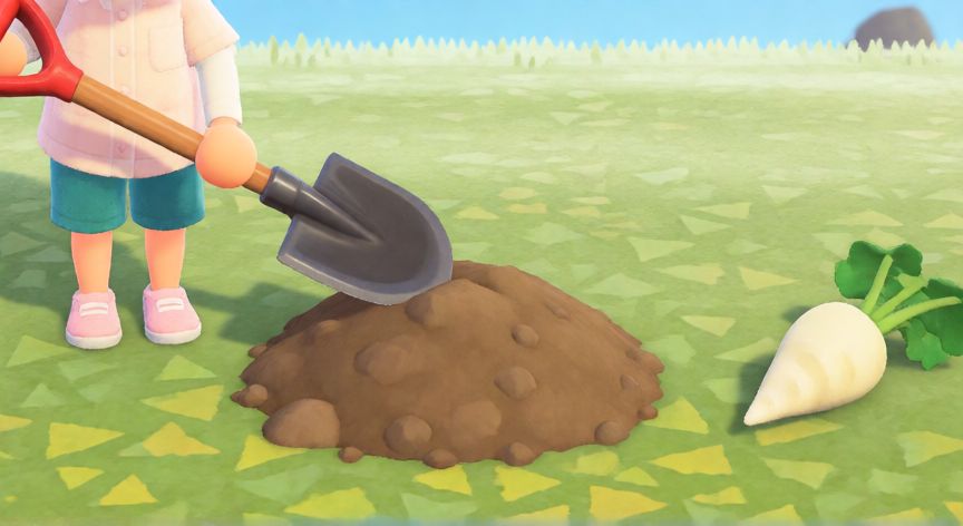 Personaje de Animal Crossing cavando un hoyo con una pala para plantar un nabo