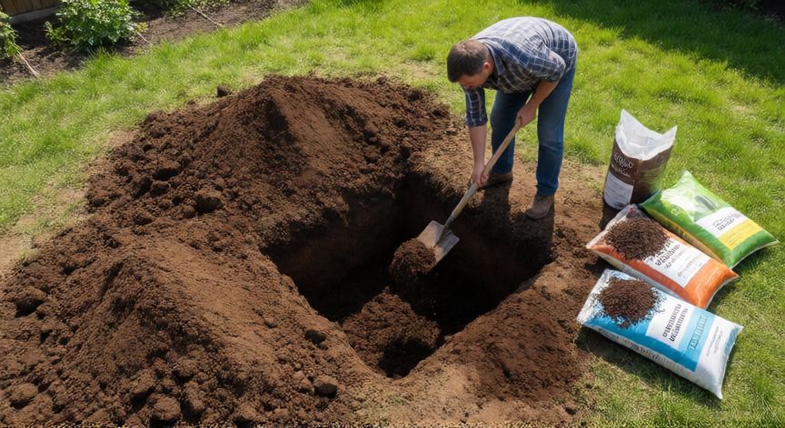 Excavando el hoyo de plantación para un naranjo en un jardín soleado