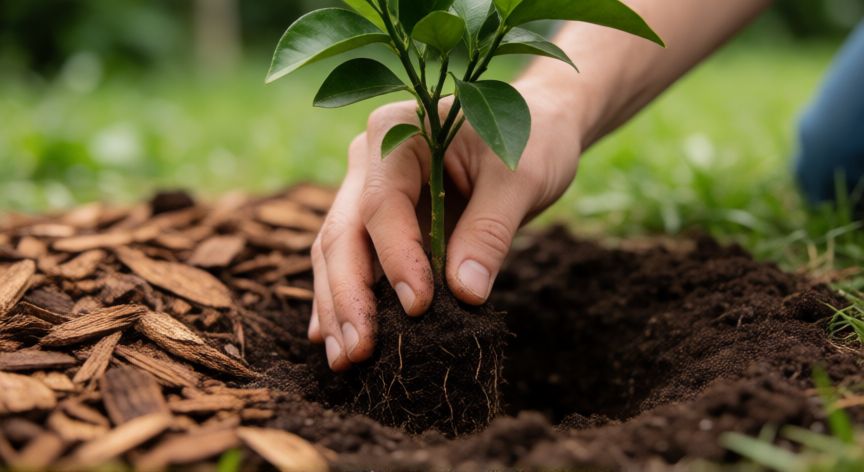 como plantar naranjas, Planteando un joven naranjo y añadiendo mulch orgánico alrededor de la base