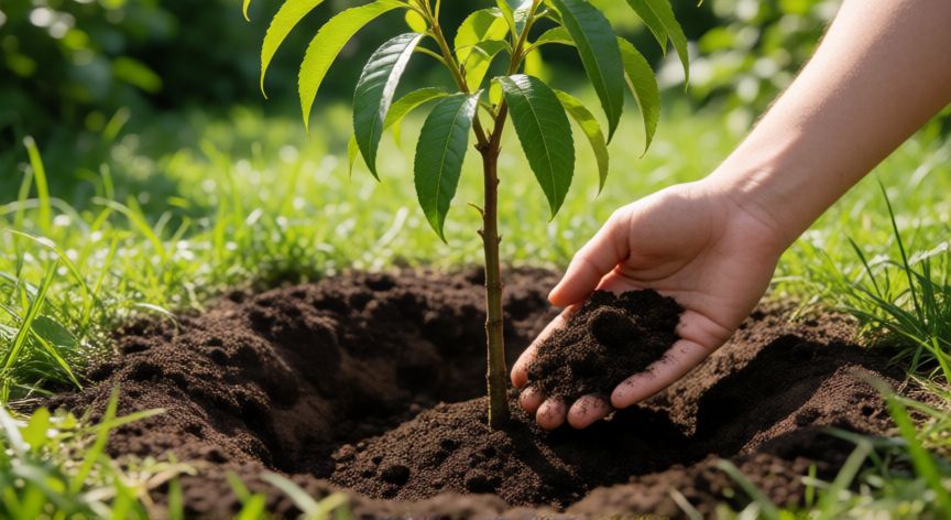 Plantación de un árbol de nectarina joven en el jardín