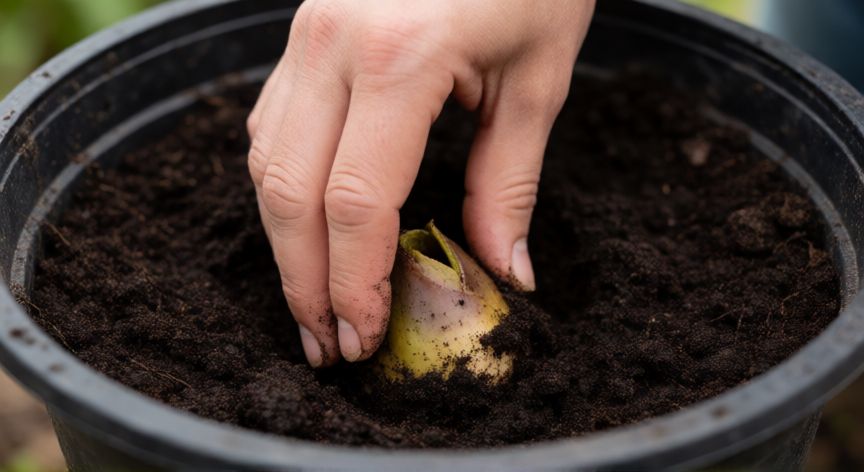 Manos plantando el rizoma de una nenúfar en maceta con sustrato arcilloso