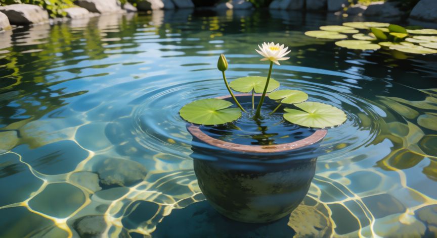 como plantar nenufares, Maceta con nenúfar sumergiéndose lentamente en un estanque soleado