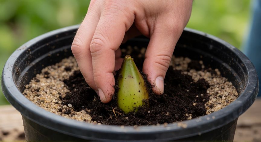 Manos plantando un nenúfar en una maceta con sustrato acuático