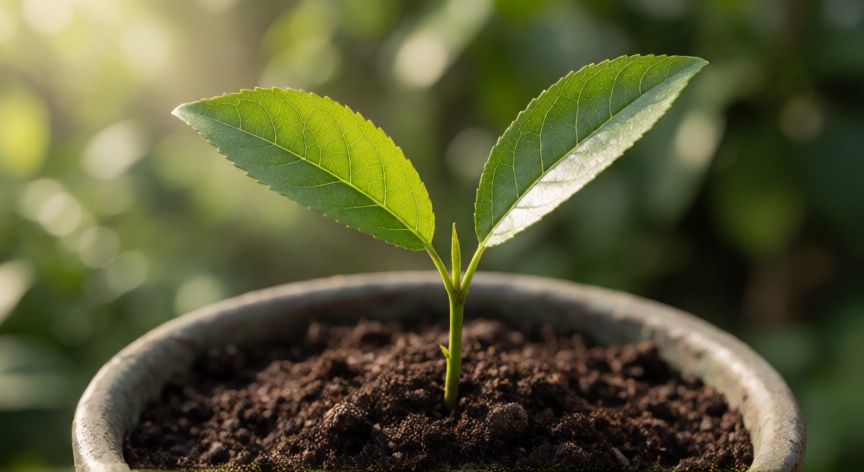 como plantar nispero desde semilla, Plántula joven de níspero en maceta con tierra oscura