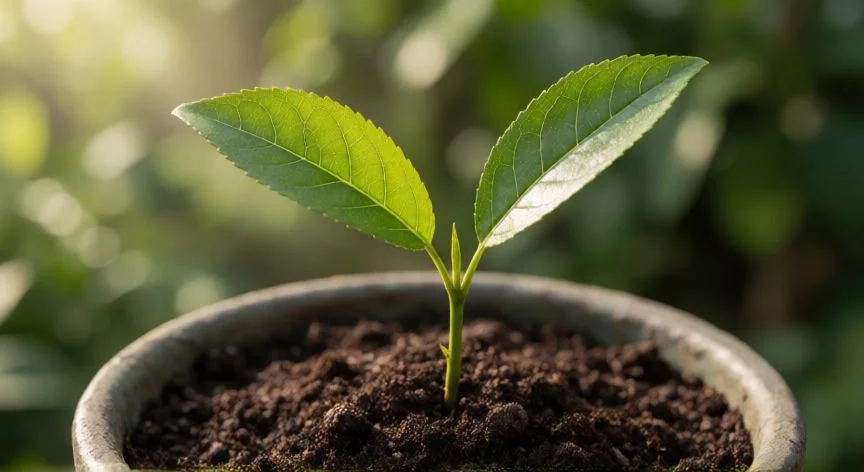 como plantar nispero desde semilla, Pequeña plantita de níspero con dos hojas en maceta biodegradable junto a una ventana