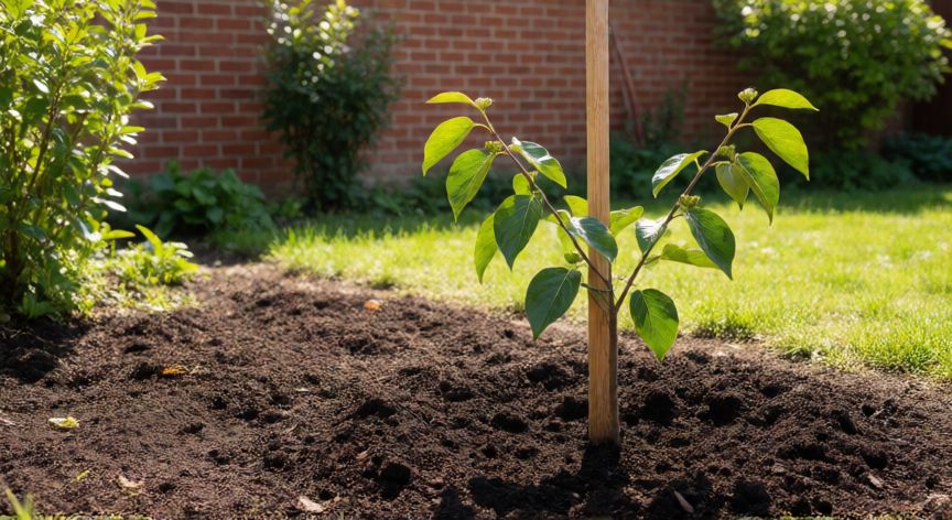 Joven árbol de níspero recién plantado en un jardín soleado con tierra preparada