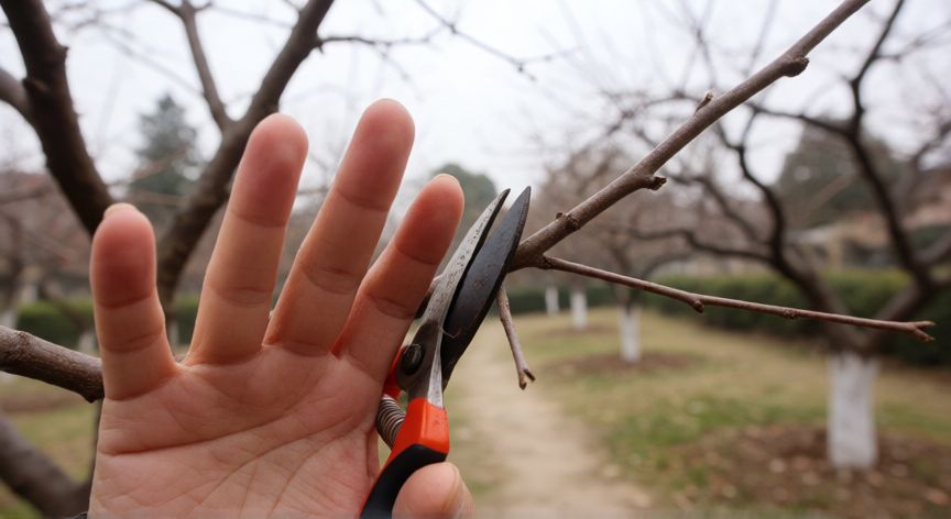 como plantar nisperos, Manos podando ramas de un árbol de níspero durante el invierno