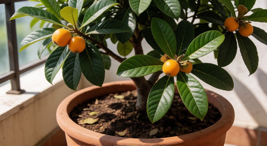 Árbol de níspero enano fructificando en una maceta grande de terracota en un balcón soleado