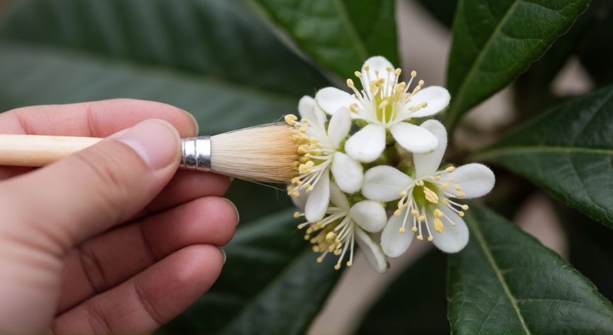 como plantar nisperos en maceta, Polinización manual de flores de níspero en maceta usando un pincel suave