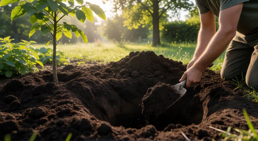 Preparación del hoyo y suelo para la plantación de un árbol de nogal joven