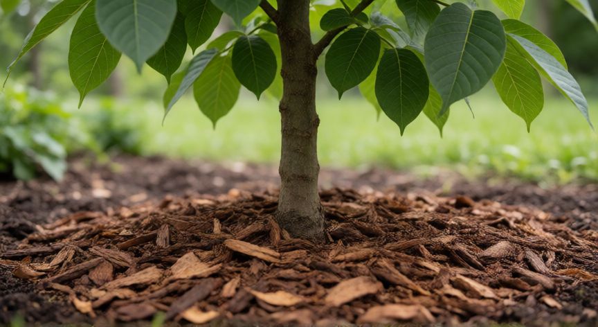 como plantar nogales, Base de un nogal joven con acolchado orgánico y cuello de la raíz a ras de suelo