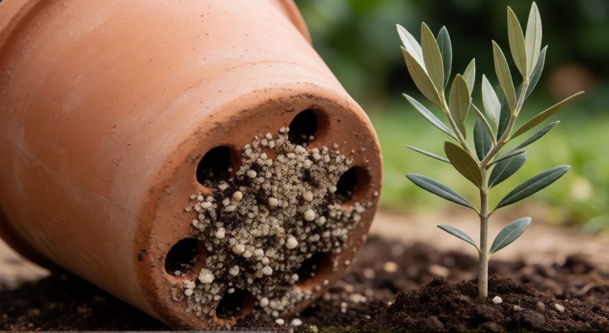 Preparación de sustrato y maceta para plantar un olivo joven en exterior