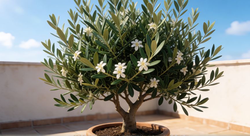 como plantar olivo en maceta, Olivo en maceta con flores blancas recibiendo sol directo en una terraza soleada