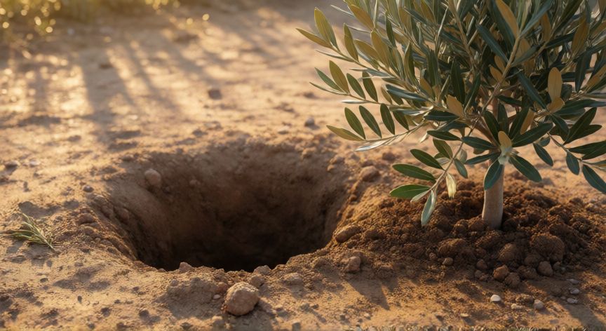 Hoyo preparado en suelo arenoso para plantar un olivo joven bajo luz dorada