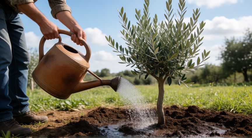 como plantar olivos, Persona regando un olivo recién plantado con una regadera de barro en un jardín