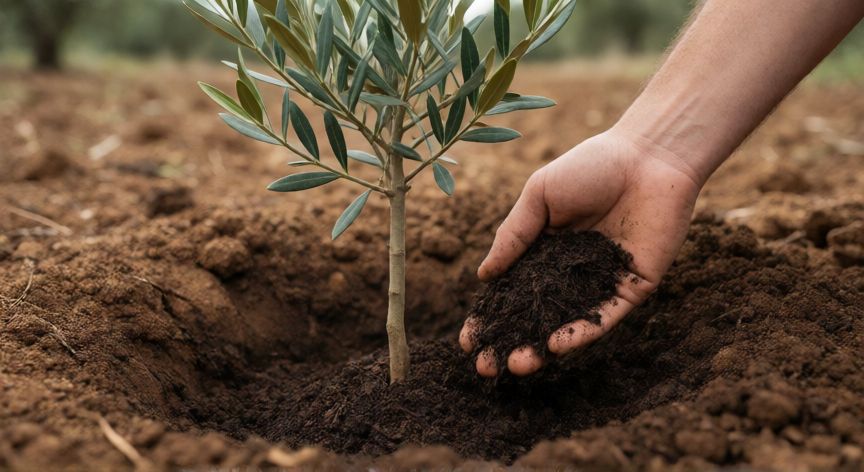 Plantación de un olivo joven con enmienda orgánica en suelo seco