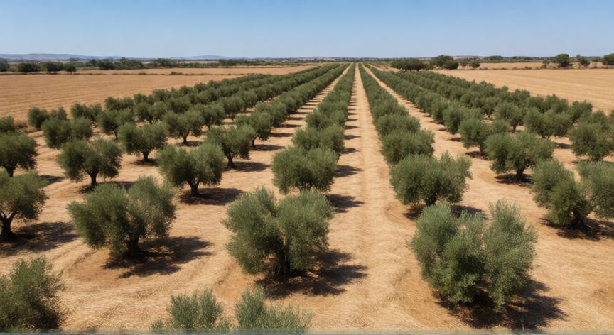 como plantar olivos en secano, Olivar en secano con cobertura de paja alrededor de los troncos