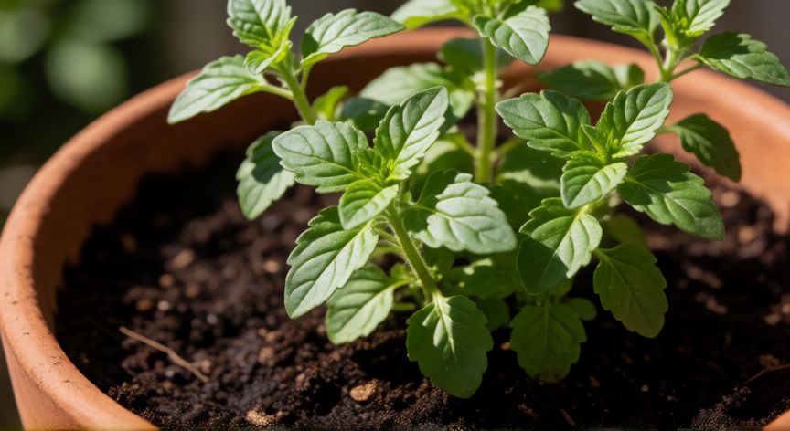 Planta de orégano saludable en maceta de barro con suelo fértil