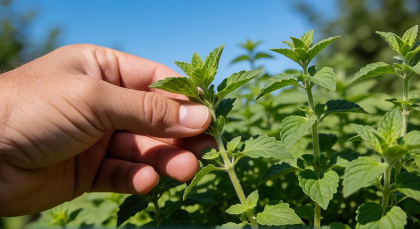 como plantar orégano, Manos cosechando hojas frescas de orégano en un jardín soleado