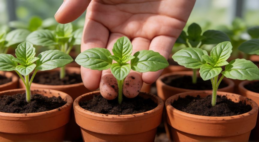 como plantar oregano con semillas, Trasplante de plántulas jóvenes de orégano a macetas de terracota