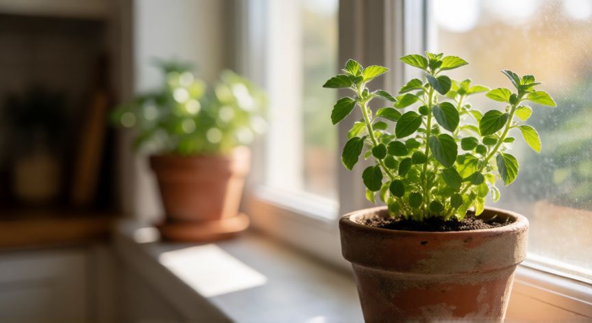 Planta de orégano en maceta sobre una ventana soleada