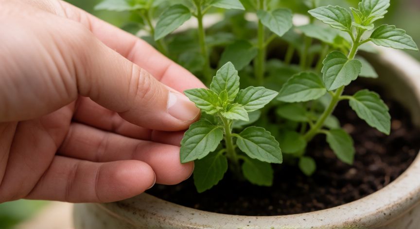 como plantar orégano en casa, Manos podando las puntas de una planta de orégano