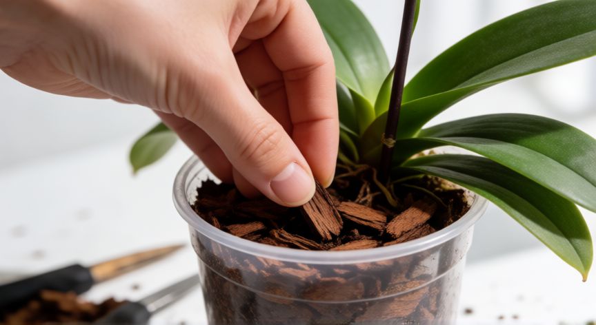 Manos plantando una orquidea en un vaso transparente con corteza de pino