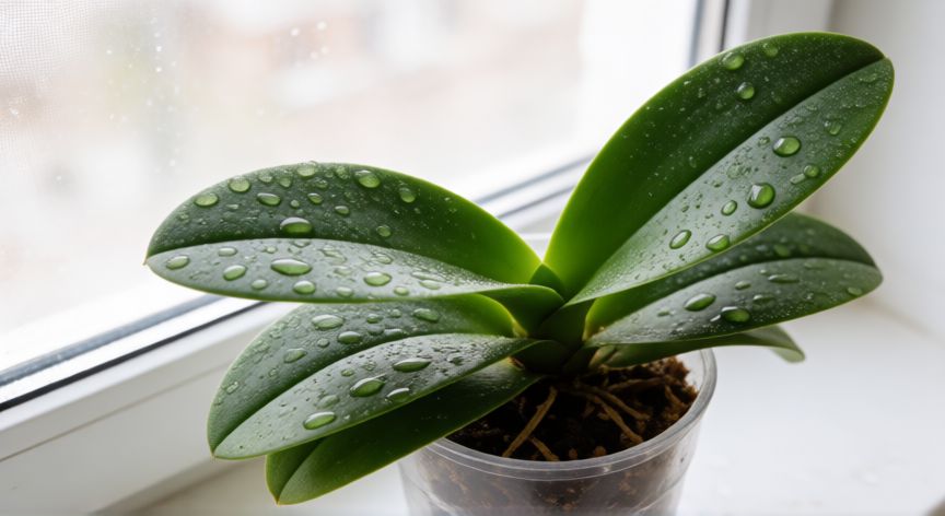 como plantar orquideas, Gotas de agua sobre las hojas verdes de una orquidea sana en una ventana