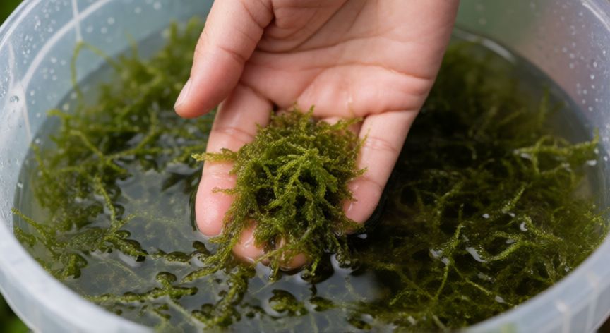 como plantar orquídeas em xaxim, Mãos imersas em um balde de água preparando pedaços de xaxim para o plantio