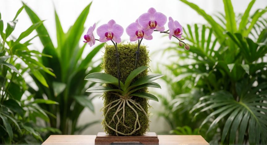 como plantar orquídeas em xaxim, Orquídea Phalaenopsis fixada em xaxim sobre suporte de madeira com raízes visíveis