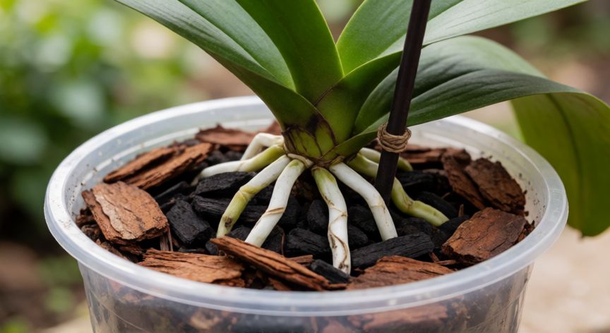 como plantar orquideas en maceta, Trasplante de orquídea en maceta transparente con sustrato de corteza