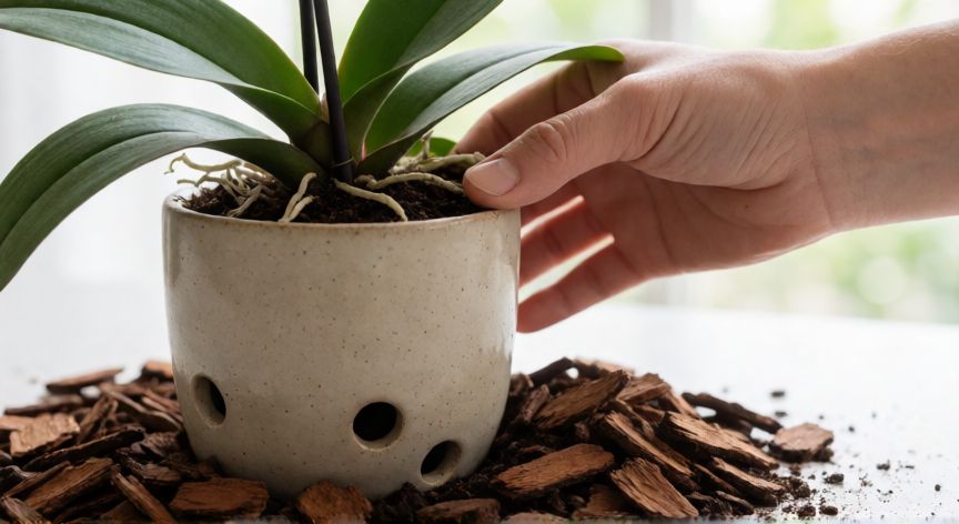 como plantar orquideas en maceta, Manos colocando orquídea en maceta de cerámica con buen drenaje