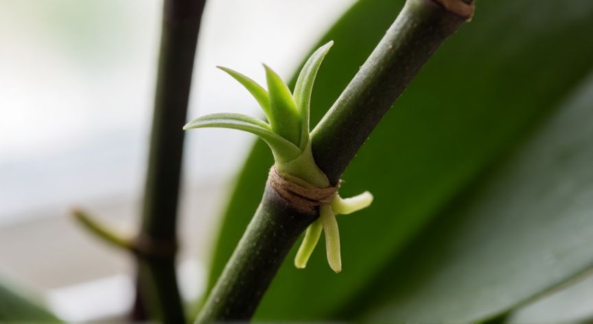 Keiki de orquídea Phalaenopsis con raíces incipientes listo para separar