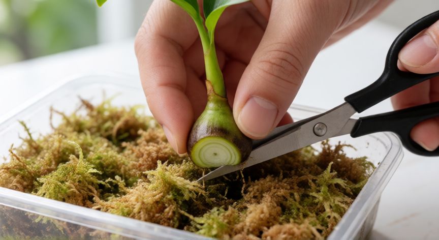 como plantar orquideas por esquejes, Técnica de seccionamiento de pseudobulbo en orquídea Dendrobium sobre musgo húmedo
