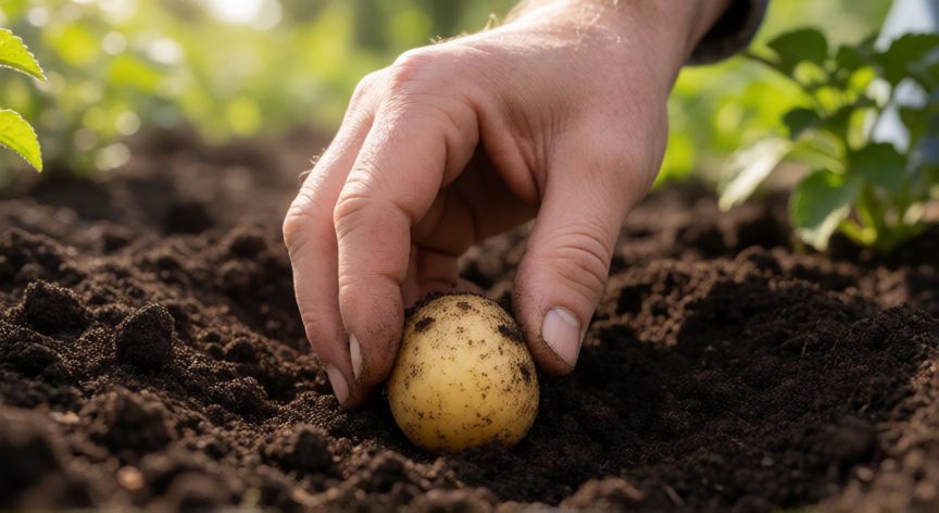 como plantar patatas, Manos plantando una patata en la tierra durante la primavera