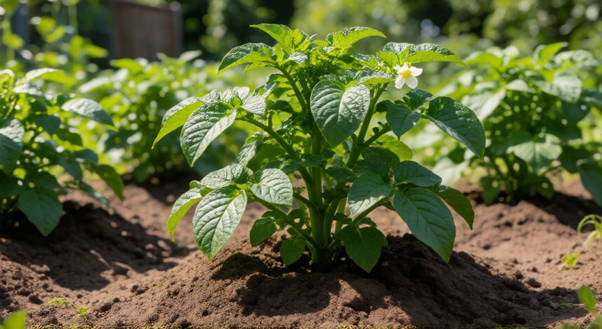 como plantar patatas, Planta de patata sana con tierra aporeada alrededor del tallo