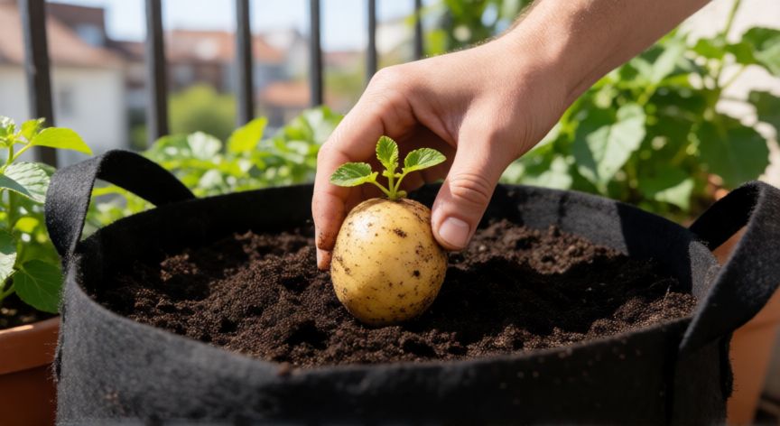 como plantar patatas en casa, Plantando una patata en una maceta grande en un balcón
