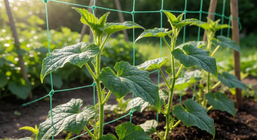 como plantar pepinos, Jovenes plantas de pepino trepando por una red de soporte