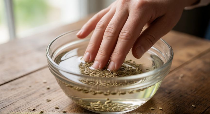 como plantar perejil, Manos remojando semillas de perejil en agua tibia antes de la siembra