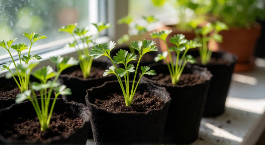 como plantar perejil, Plántulas jóvenes de perejil creciendo en macetas listas para el trasplante