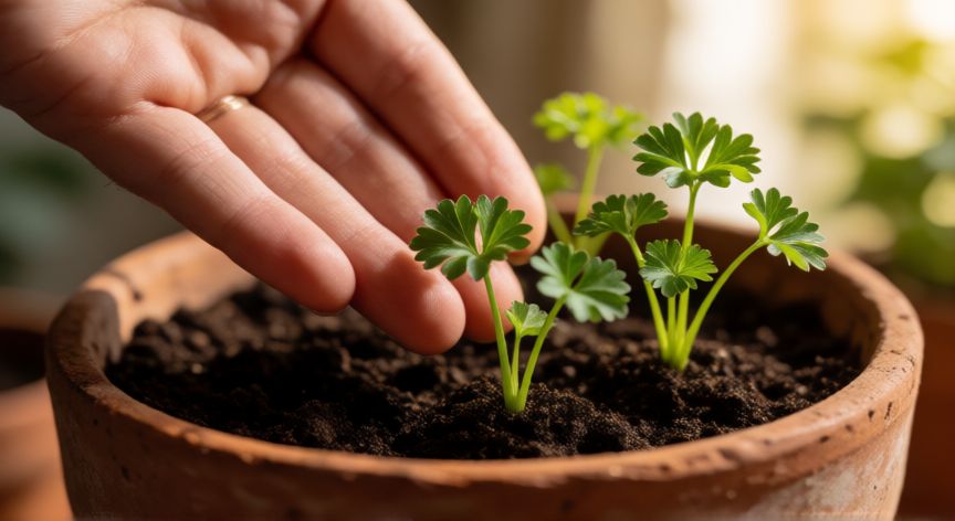 como plantar perejil en casa, Riego de plántulas de perejil en una maceta de terracota