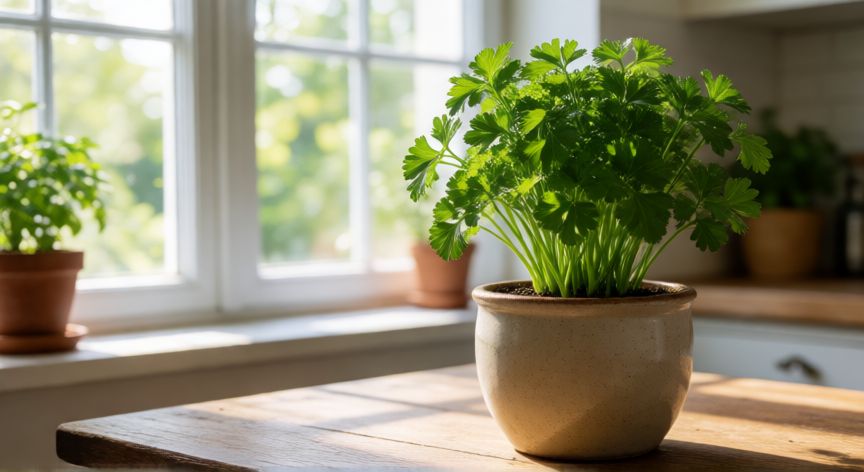 como plantar perejil en casa, Planta de perejil saludable en una maceta junto a una ventana soleada