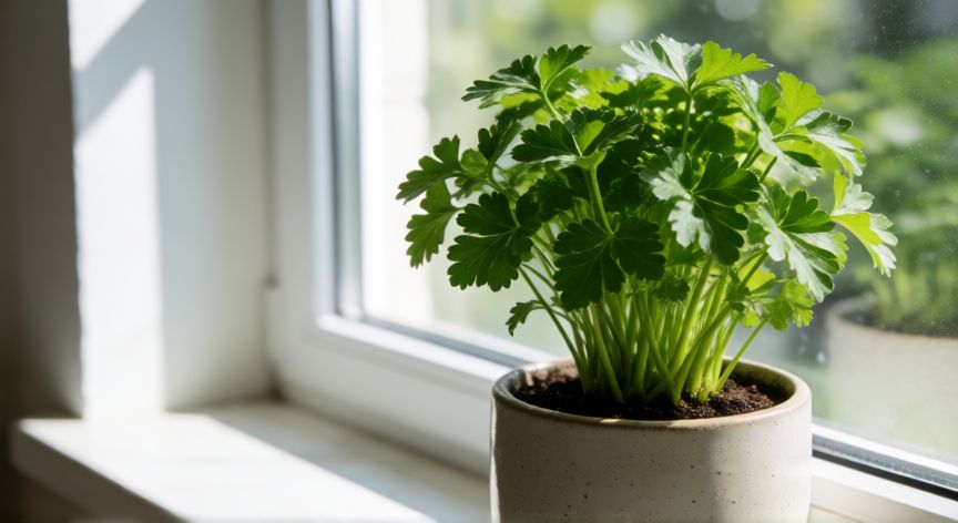 como plantar perejil en maceta, Planta de perejil saludable en maceta sobre una ventana soleada