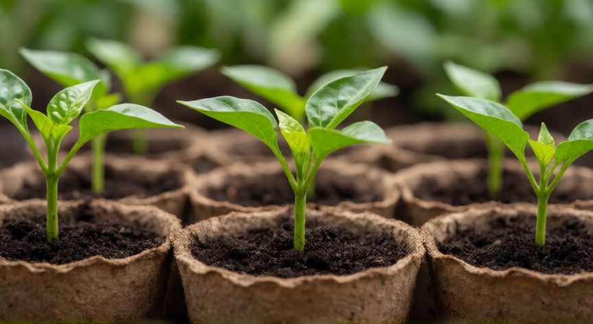 Plántulas de pimiento jóvenes creciendo en macetas biodegradables listas para el trasplante