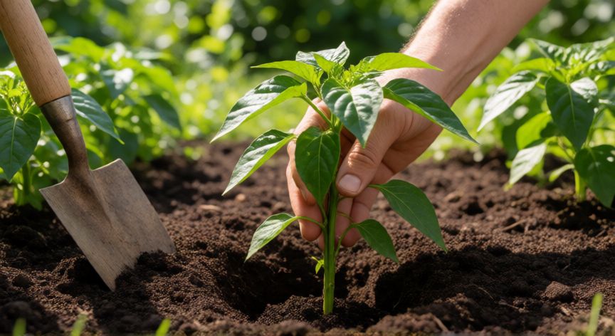 como plantar pimientos, Trasplantando una planta de pimiento en el suelo del huerto con herramientas de jardinería