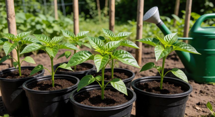 como plantar pimientos verdes, Plántulas de pimiento listas para el trasplante en el huerto